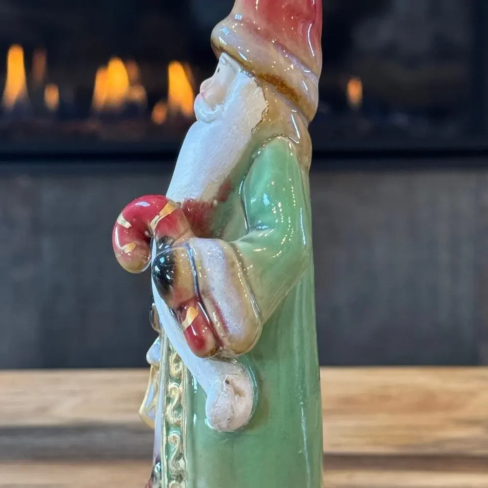 Old World Style Glazed Ceramic Santa Claus Figurine Cardinal Bird Green Robe 8